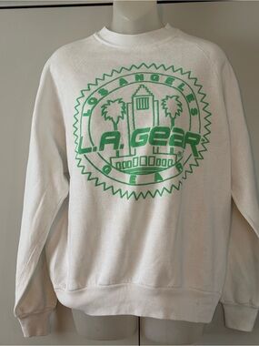 Vintage 80s L.A. Gear White Crewneck Sweatshirt with Green Logo Seal. XL